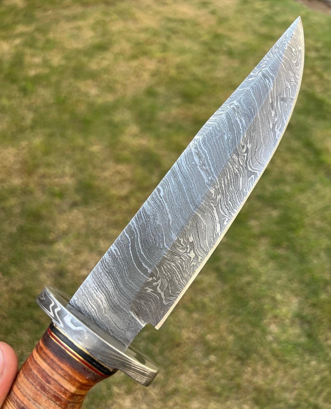 Exquisite Damascus Hunting Knife with Stacked Leather Handle | Limited Edition | cskforged store"