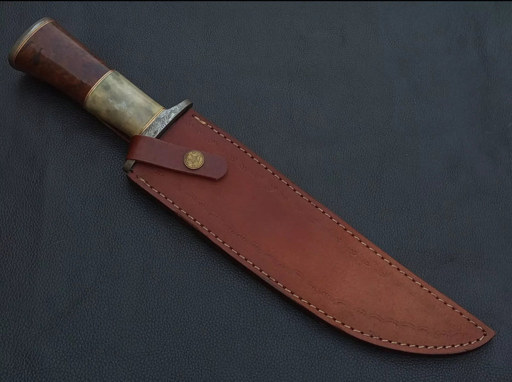 Custom Handmade 15” Bowie Knife with Color Bone Handle & Damascus Steel Guard – Includes Leather Sheath
