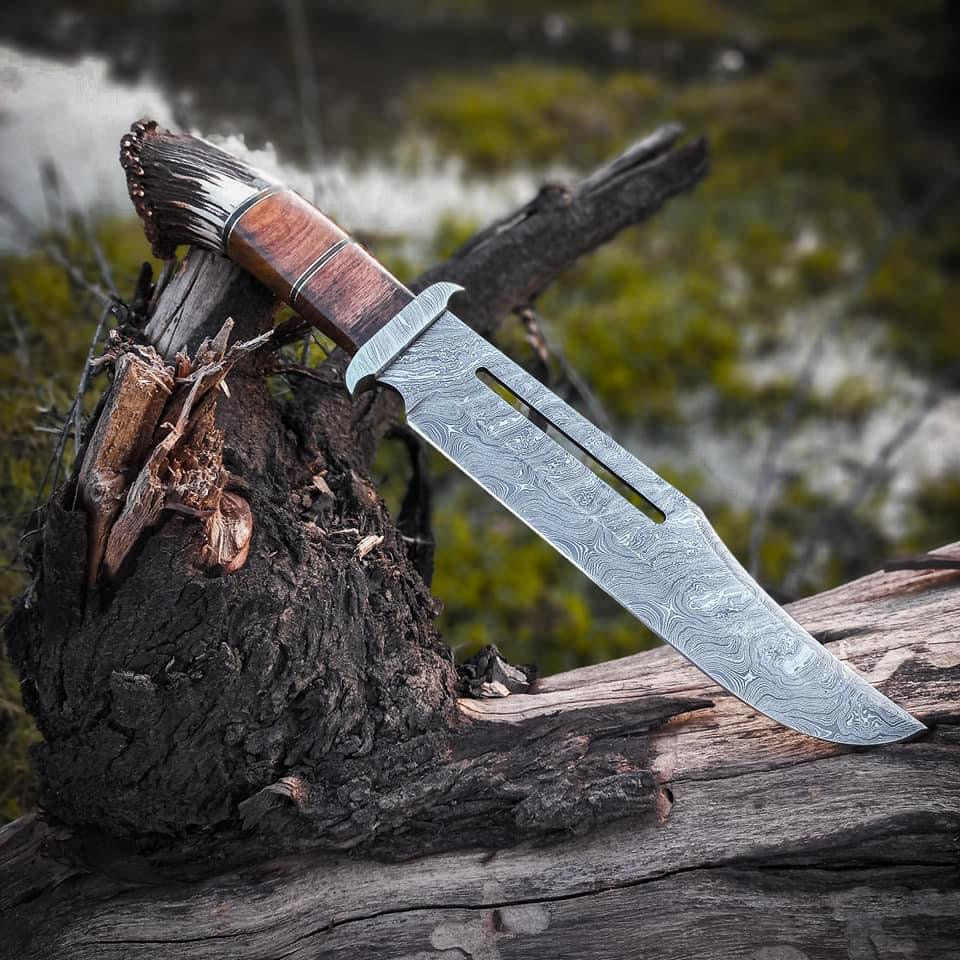 Exquisite Custom Handmade 16” Damascus Steel Bowie Knife with Damascus Guard and Stag Handle, Leather Sheath