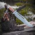 Exquisite Custom Handmade 16” Damascus Steel Bowie Knife with Damascus Guard and Stag Handle, Leather Sheath
