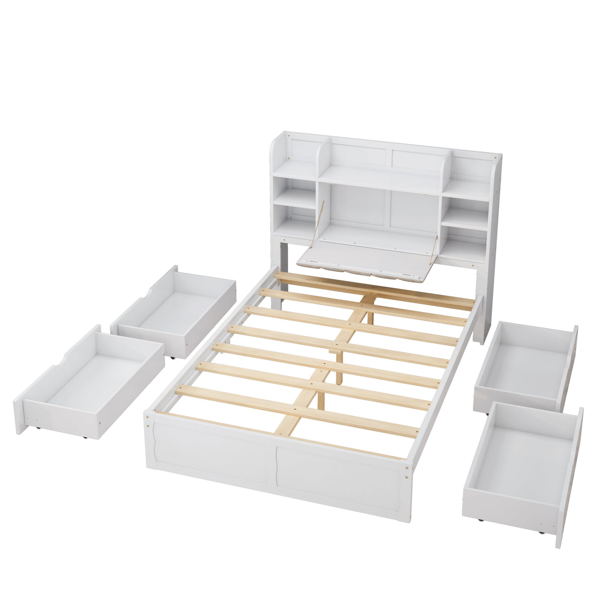 Multi-functional Full Size Bed Frame with 4 Under-bed Portable Storage Drawers and Multi-tier Bedside Storage Shelves White