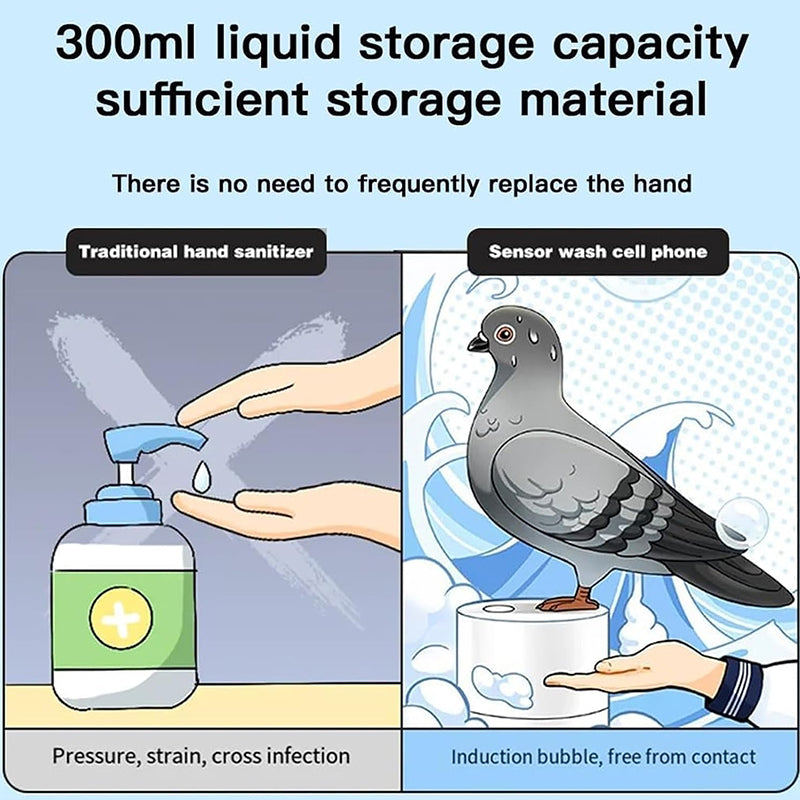 Pigeon-shaped auto sensor foam dispenser. Touchless, fine foam.