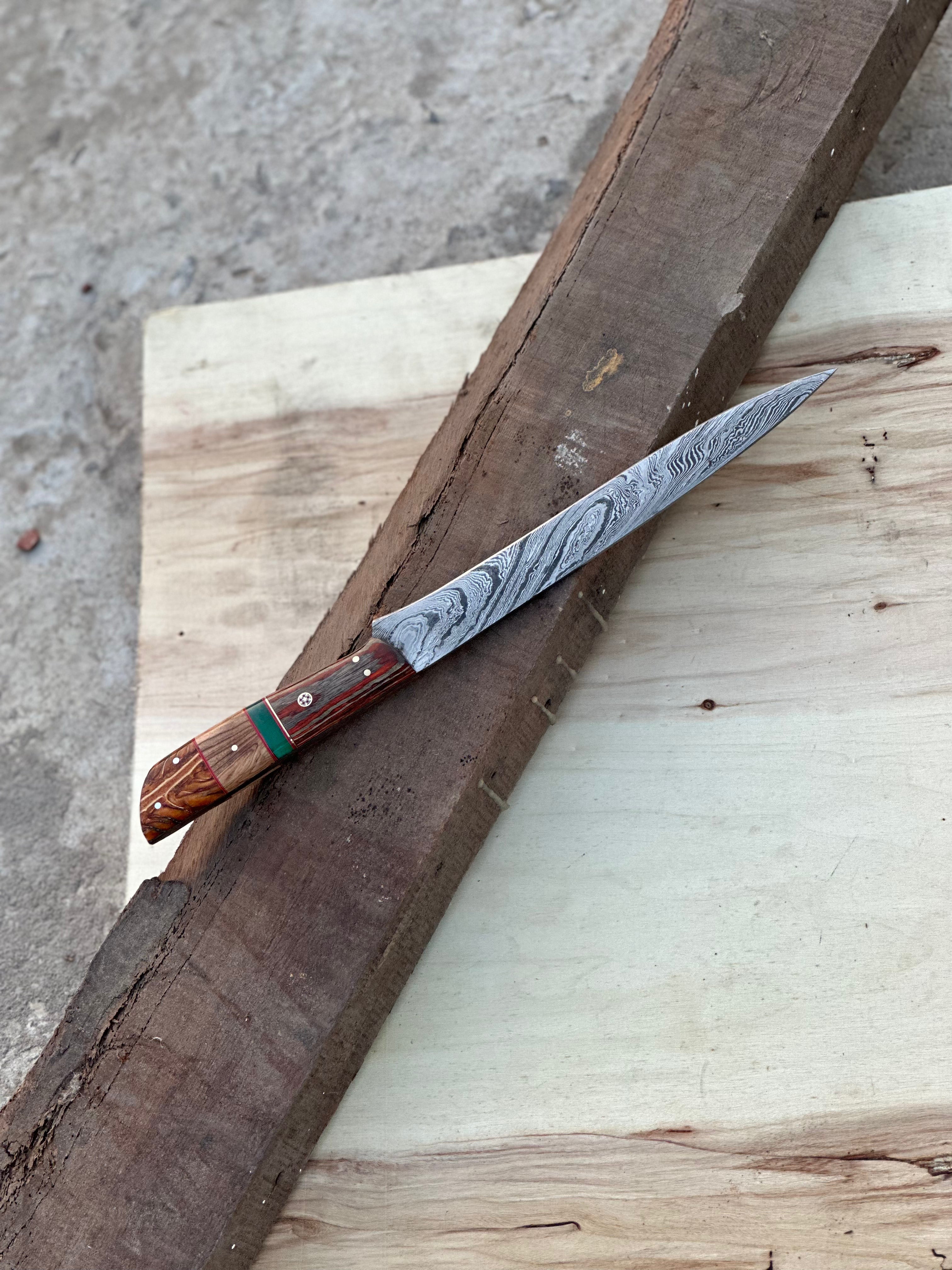 Handmade Damascus Steel Large Fillet Knife Hunting Fishing, Full Tang 13.5 inch