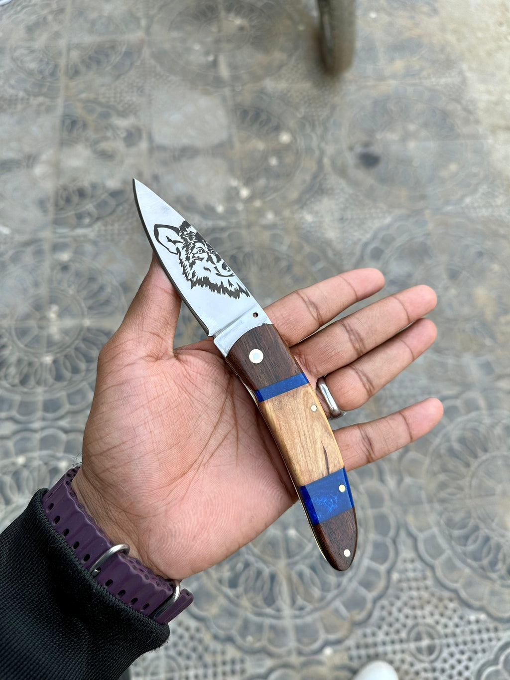 Compact Folding Pocket Knife – 7" J2 Steel Blade with Resin Wood Handle & Leather Sheath