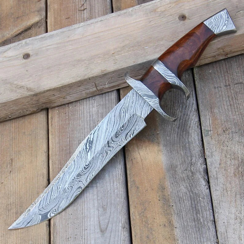 Unique Damascus Steel Bowie Knife with Rosewood Handle and Leather Sheath