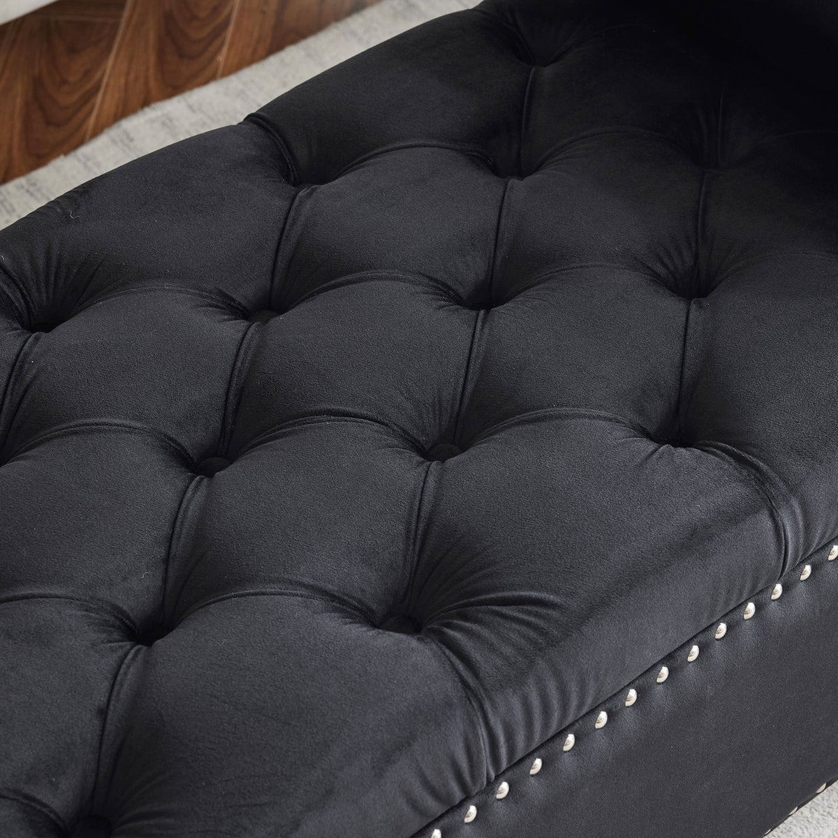 Storage Bench, 44.5-Inch Queen Velvet Button Bedside Bench, Entryway Living Room with Armrests, Nailhead Trim  Black