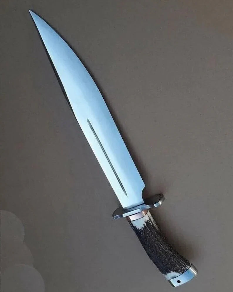 New Custom Handmade D2 Tool Steel Hunting Camping Knife with Stag Handle and Pure Leather Sheath