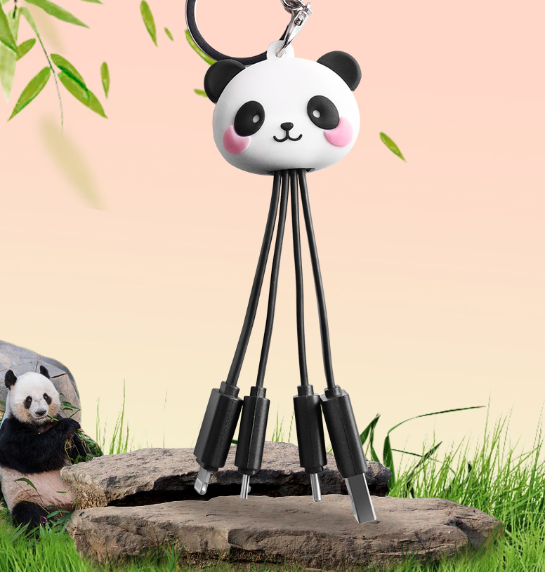 Cartoon Panda One Drag Three Data Wires Cute Keychain Panda Three in One Fast Charging Mobile Phone Charging Cable