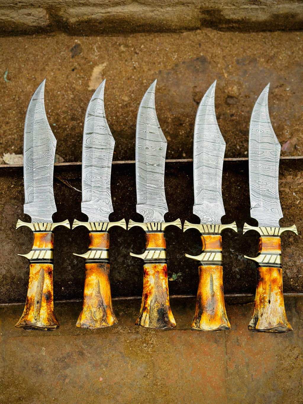 Handcrafted Damascus Steel Bowie Knife with Brass Guard and Color Bone Handle – Premium Leather Sheath Included