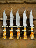 Handcrafted Damascus Steel Bowie Knife with Brass Guard and Color Bone Handle – Premium Leather Sheath Included