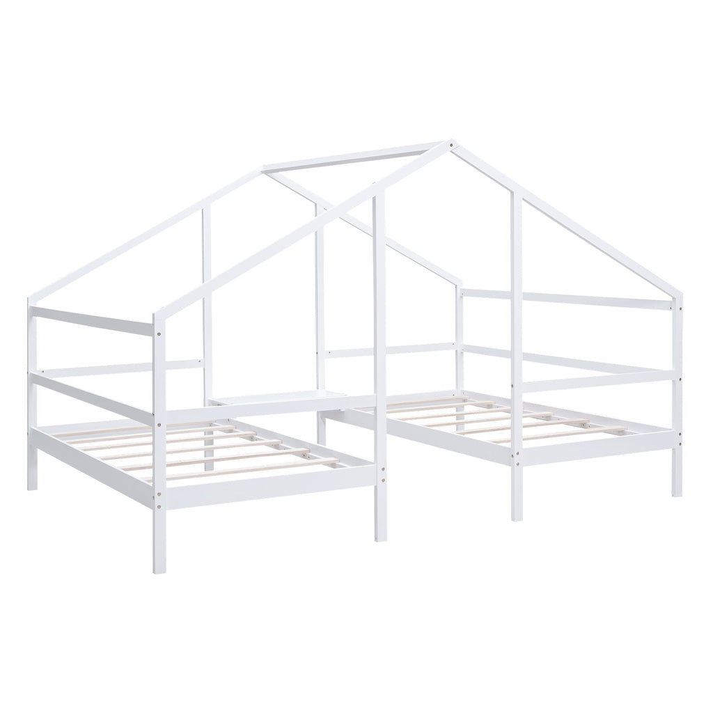 Double Twin Size Triangular House Beds with Built-in Table White