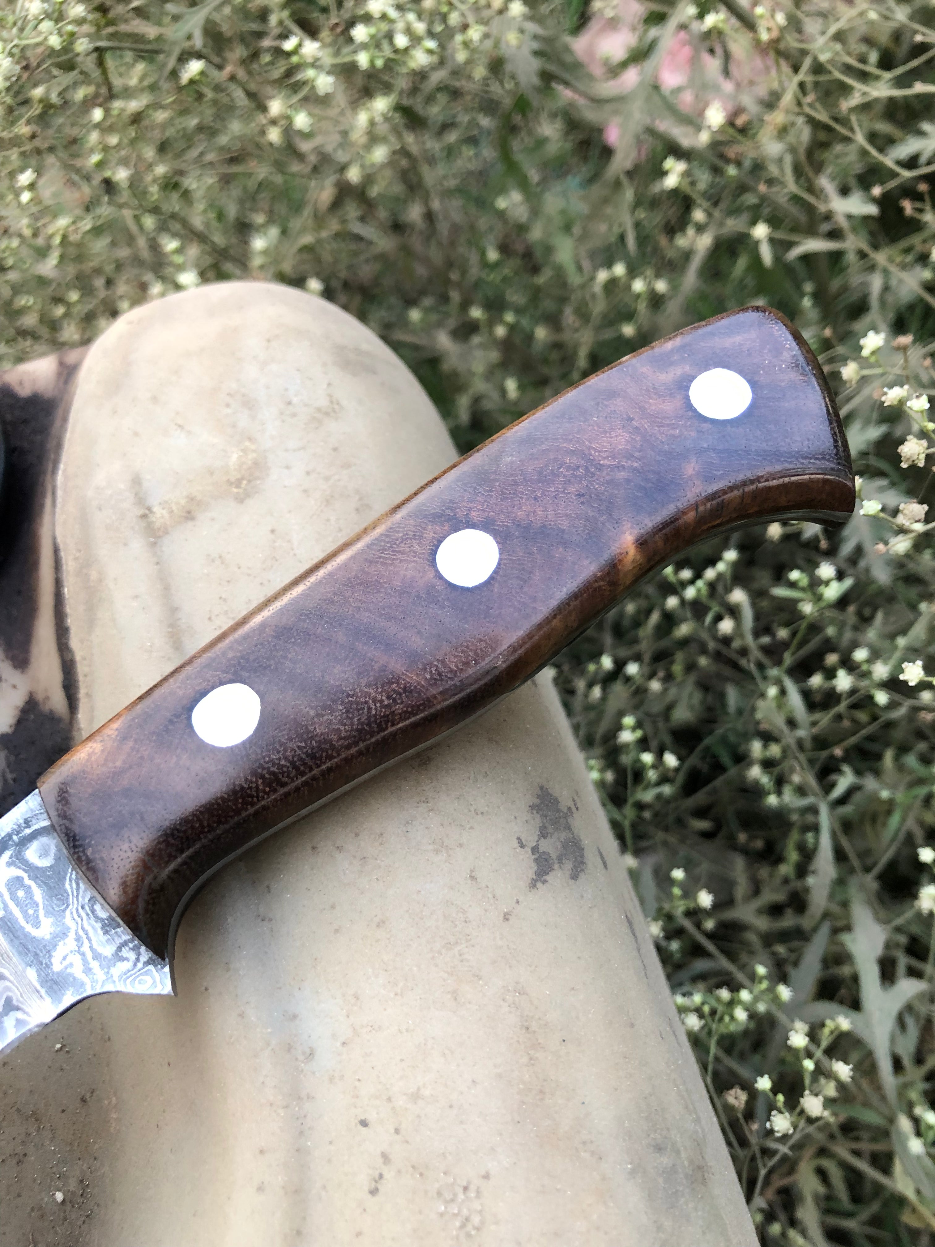 Handmade Damascus Steel Fillet Boning Knife with Cocobolo Burl Wood and Brass Mosaic Handle, 13-inch Overall Length