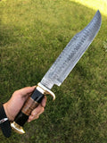 Custom Handmade Damascus Steel Crocodile Dundee Bowie Knife – Brass Guard, Buffalo Horn Handle, Leather Sheath Included