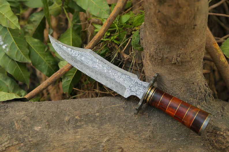 Handcrafted Damascus Steel Bowie Knife | Rosewood & Brass Handle with Damascus Steel Guard | Includes Leather Sheath