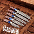 Knife Set – Damascus Steel Blades with Texas Flag Handles & Leather Roll