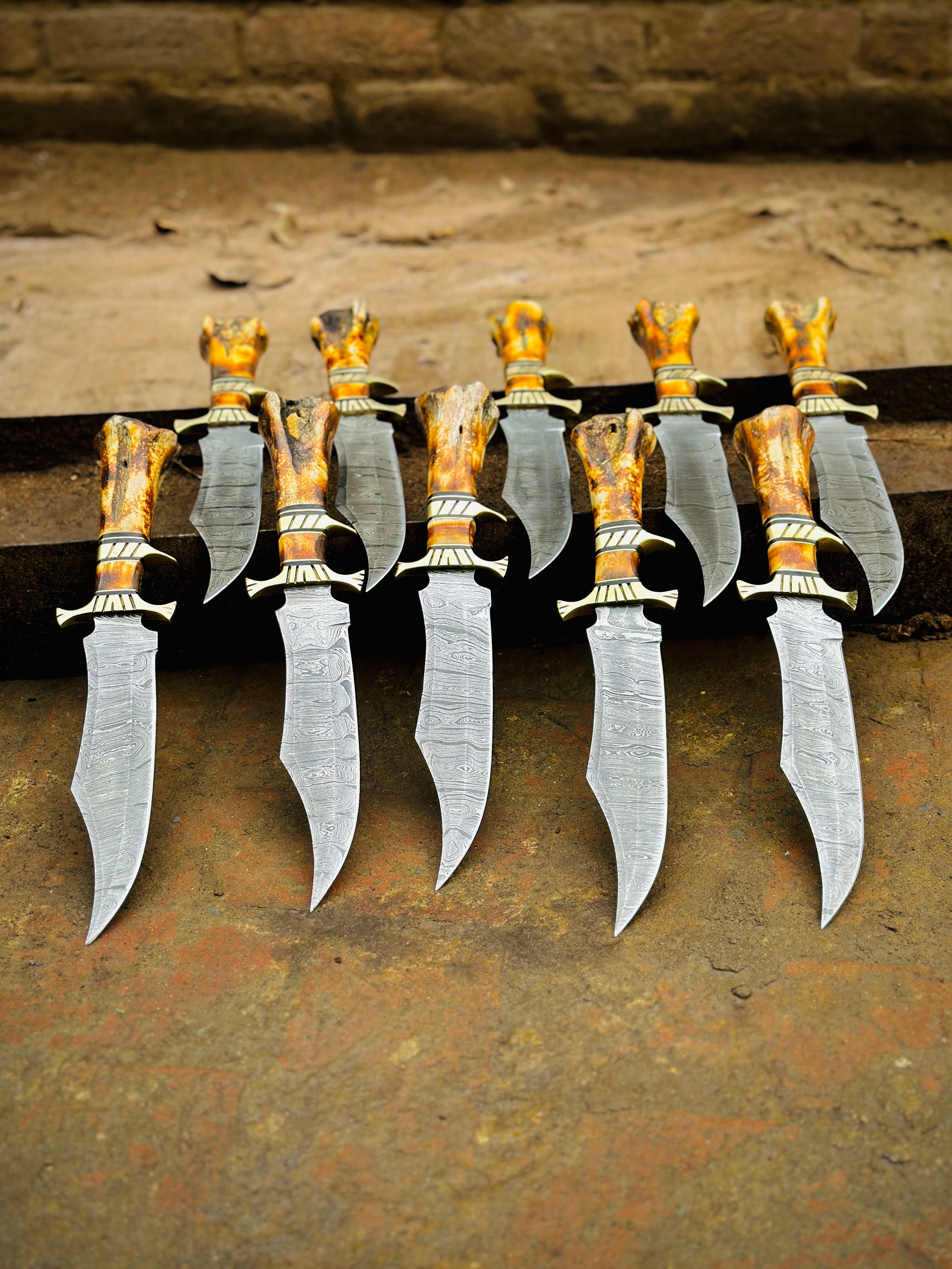 Handcrafted Damascus Steel Bowie Knife with Brass Guard and Color Bone Handle – Premium Leather Sheath Included