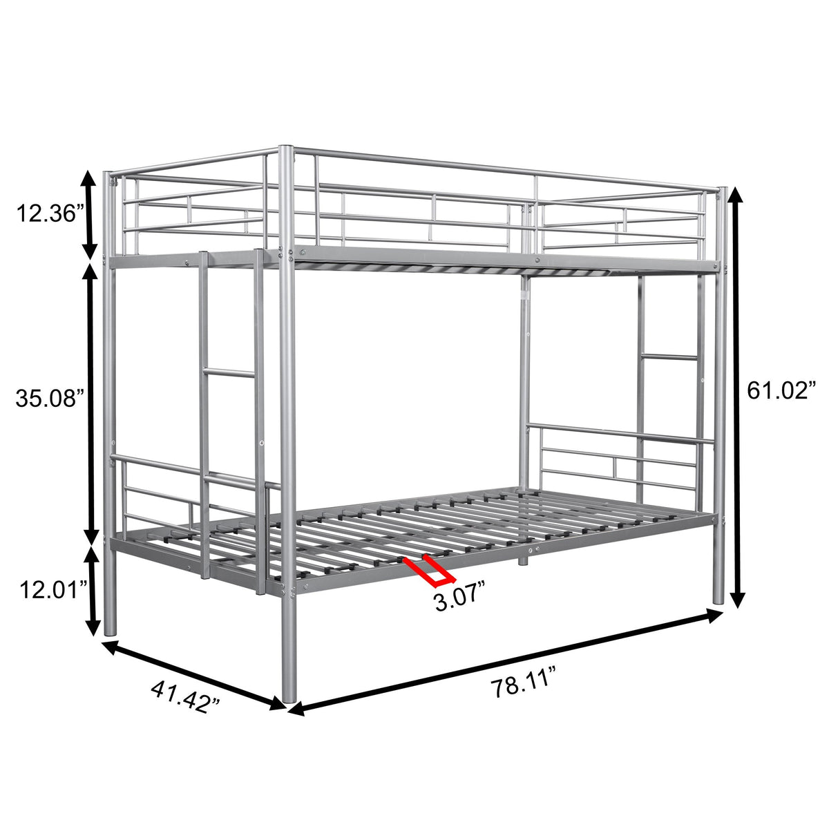 Metal bunk bed/sturdy/noise reduction/2 side ladders/safety guardrails/CPC certification/no spring box required (Silver)