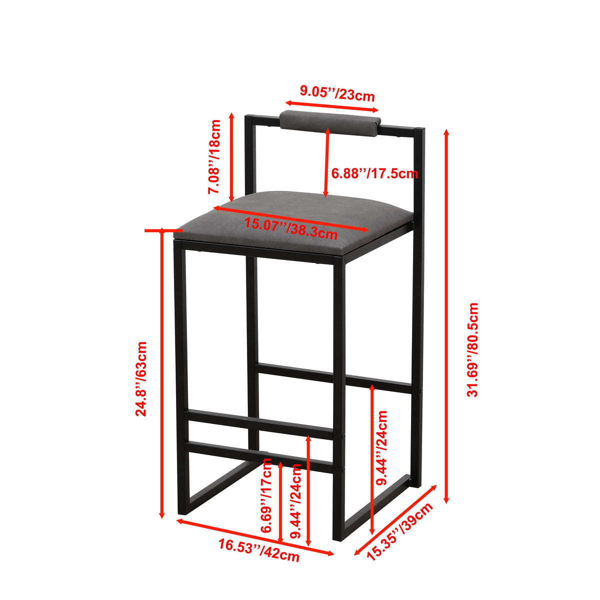Set of 2 Counter Height Barstools Kitchen Island Stools (Gray with Back)