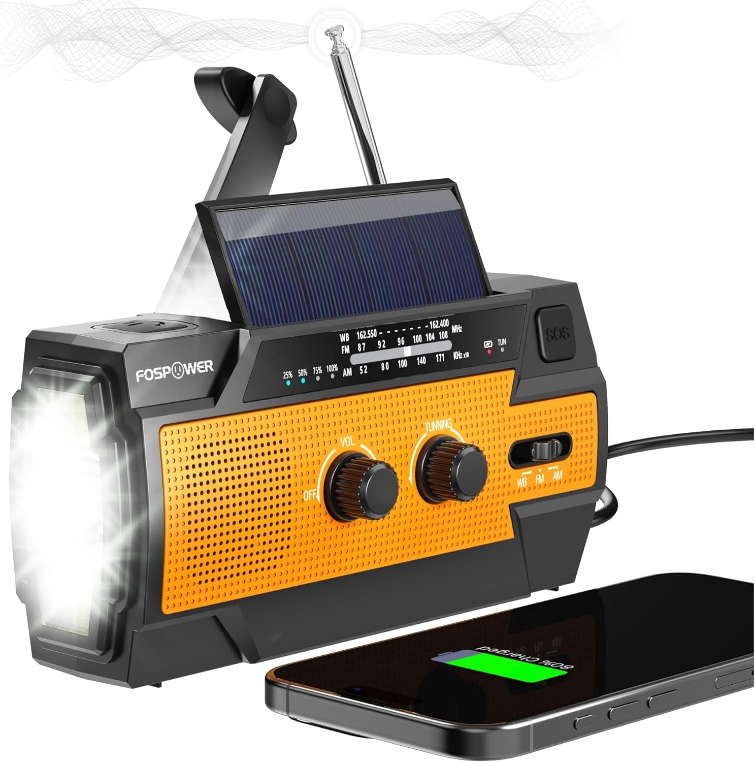 Fospower NOAA Emergency Weather Radio A1 7400Mwh Portable Power Bank, AM/FM, Usb/Solar/Hand Crank Charging, Battery Operated, SOS Alarm & Flashlight for Indoor/Outdoor Emergency - Orange
