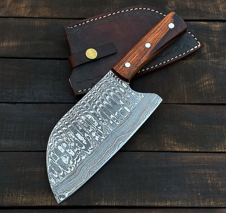 Handmade 10" Damascus Steel Cleaver – Rosewood Handle & Leather Sheath
