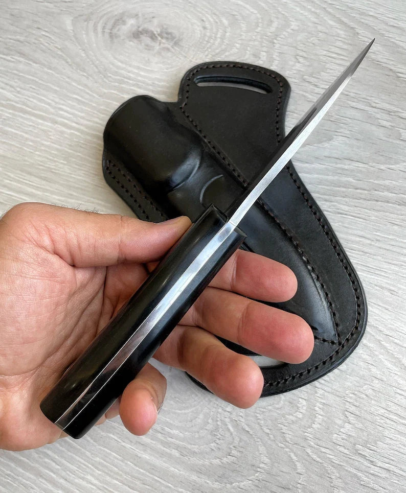 Hunting Knife 1095 Carbon Steel and Compact Buffalo horn Handle -Blacksmith Made Camping Knife - Bushcraft Knife - Survival Knife with Sheath