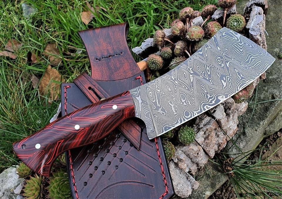 Handmade Damascus Steel Cleaver & Boning Knife – Epoxy Resin Handle with Leather Sheath (10”)