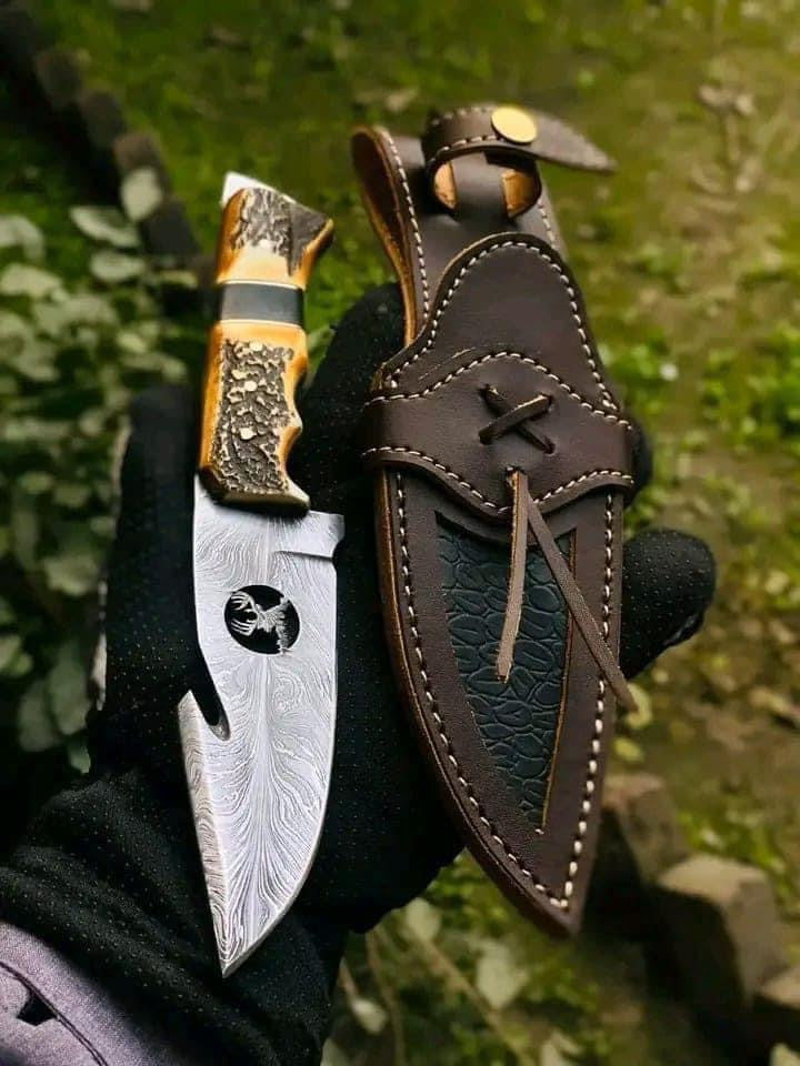 Custom Handmade 10” Damascus Steel Guthook Hunting Knife with Stag Horn Handle, Includes Leather Sheath