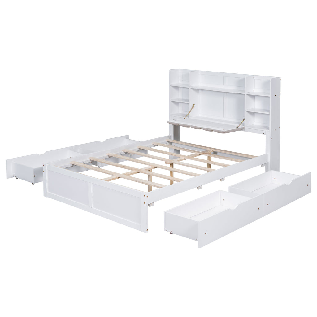 Multi-functional Full Size Bed Frame with 4 Under-bed Portable Storage Drawers and Multi-tier Bedside Storage Shelves White