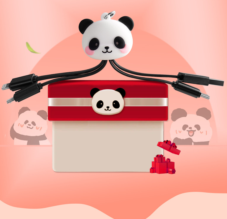 Cartoon Panda One Drag Three Data Wires Cute Keychain Panda Three in One Fast Charging Mobile Phone Charging Cable