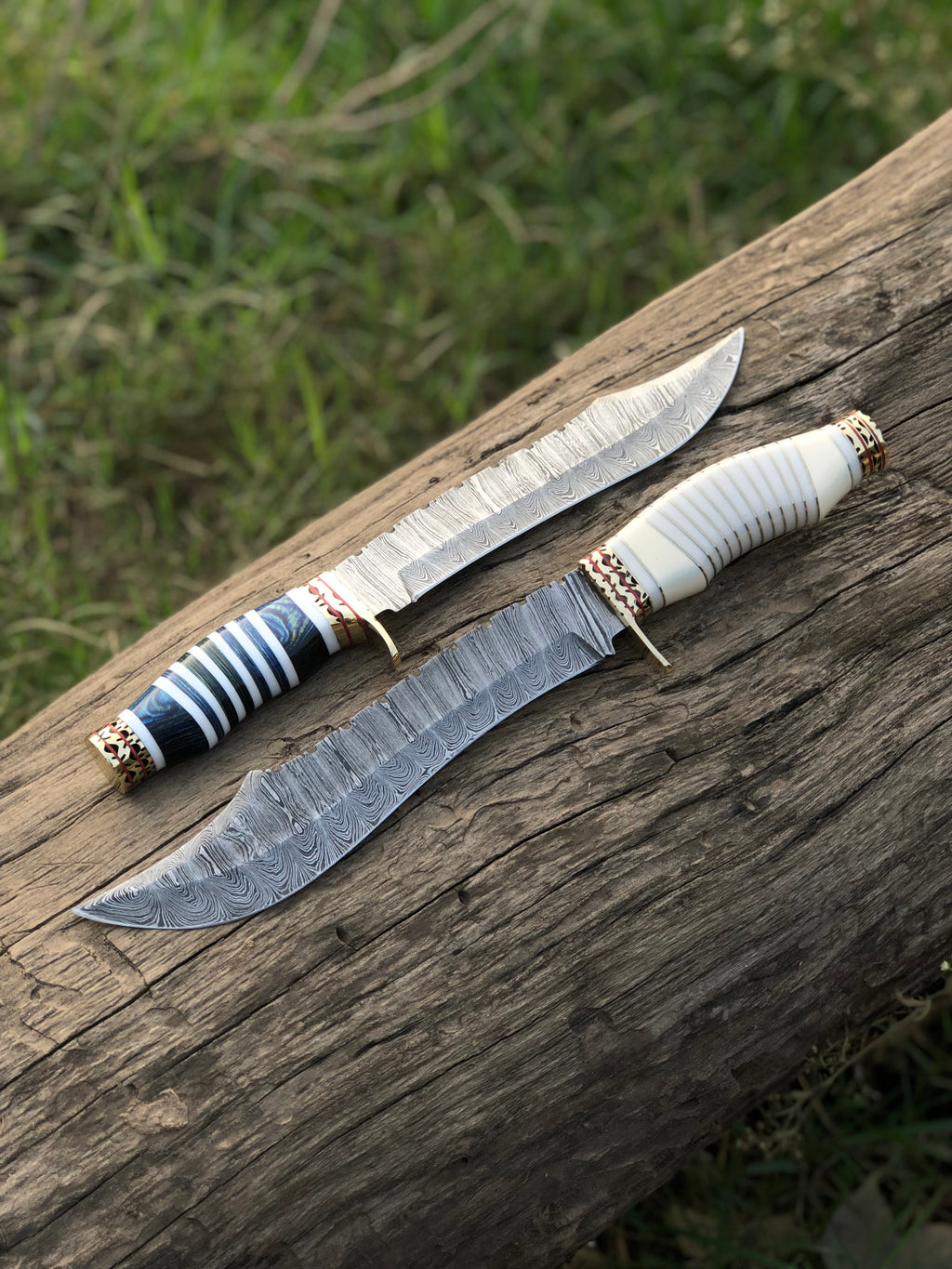 Custom Handmade Damascus Steel Bowie Knife with Brass Guard, Camel Bone and Brass Wood Handle - 13”