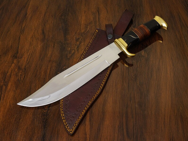 Premium J2 Steel Crocodile Dundee Bowie Knife – 16” with Brass Guard, Buffalo Horn & Leather Handle | Custom Handmade Knife with Leather Sheath