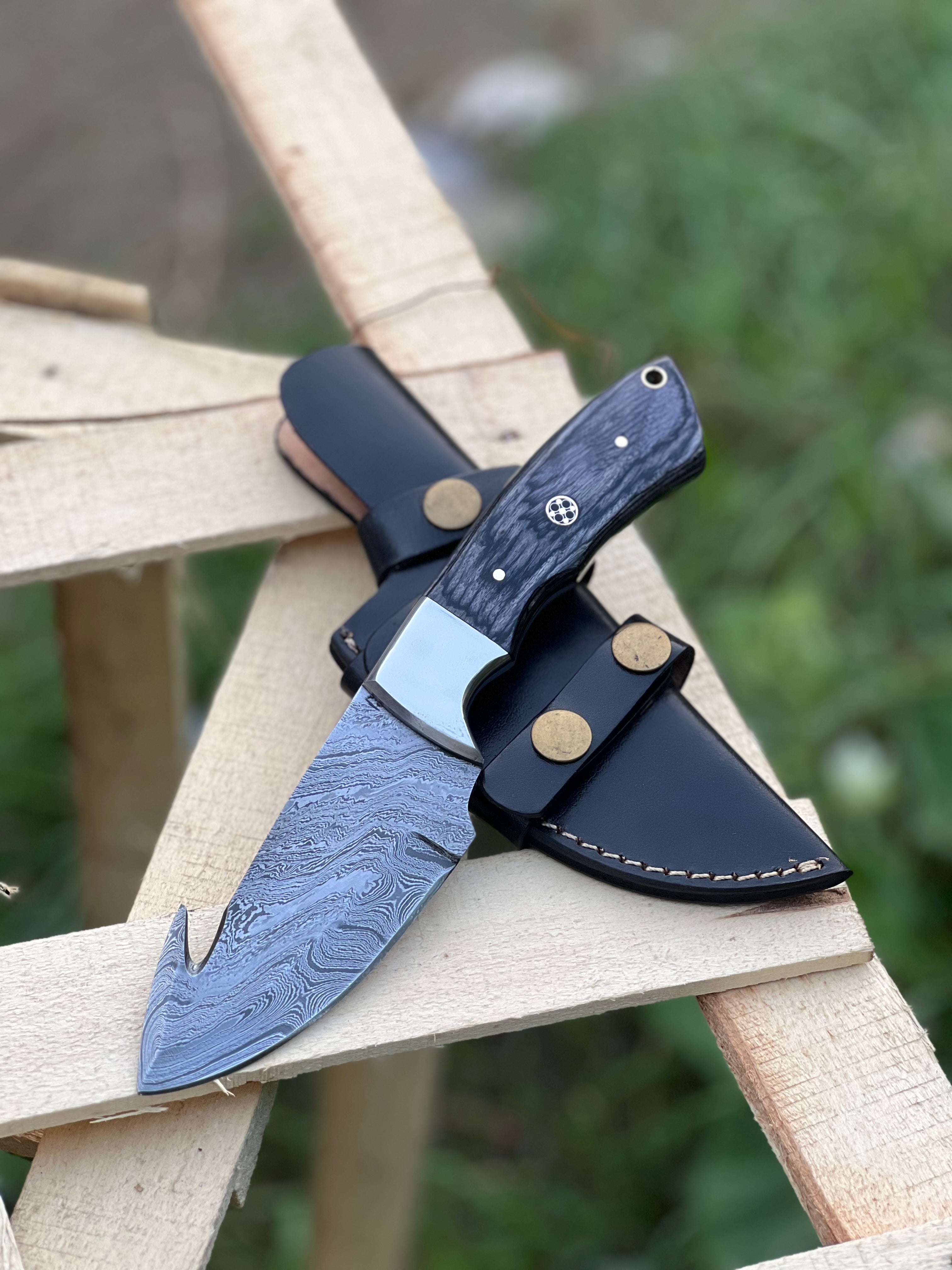 Custom handmade Damascus steel Guthook skinning knife