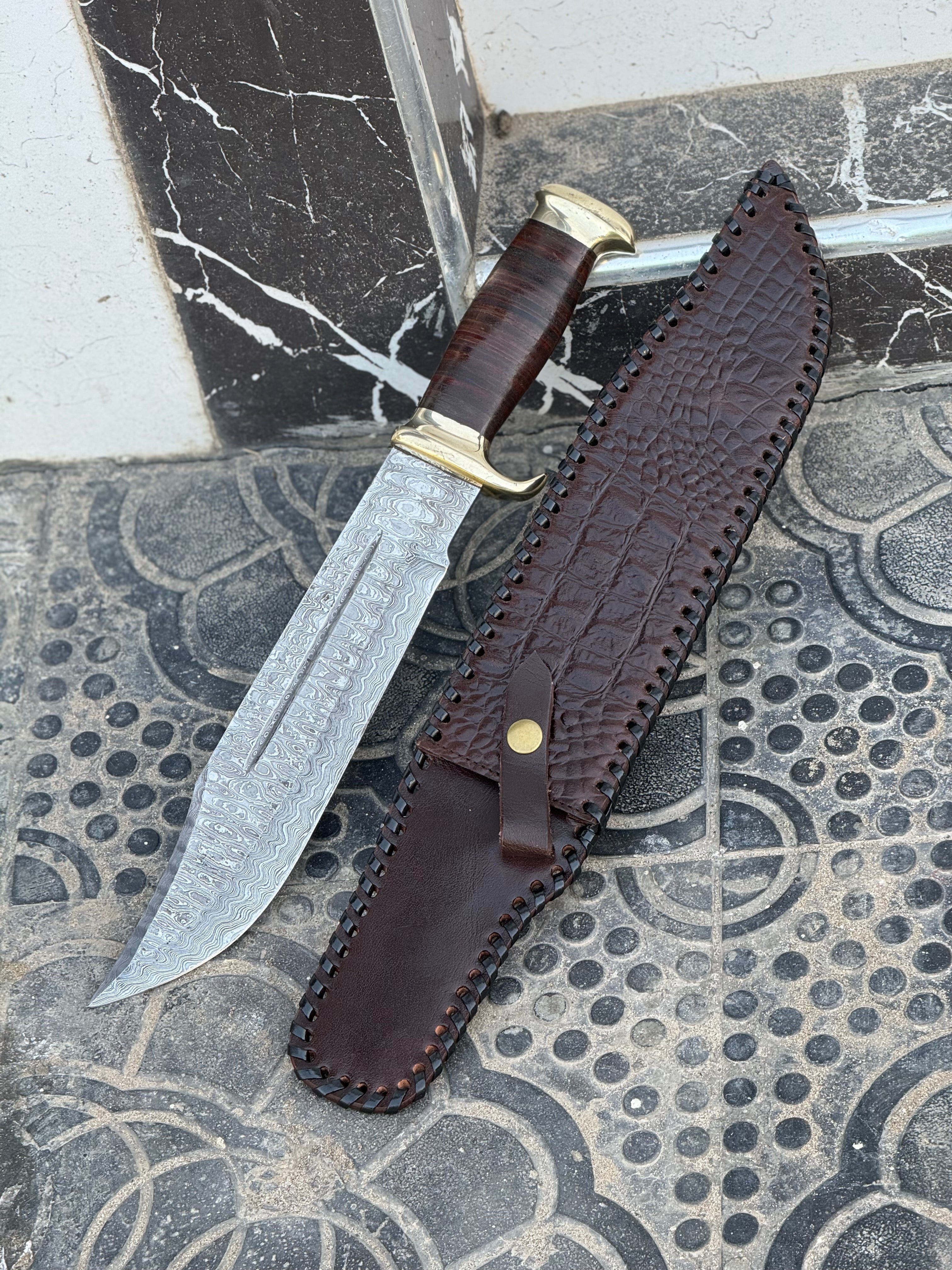 Custom Handmade Damascus Steel Crocodile Dundee Bowie Knife with Brass Guard and Leather Handle - 16”