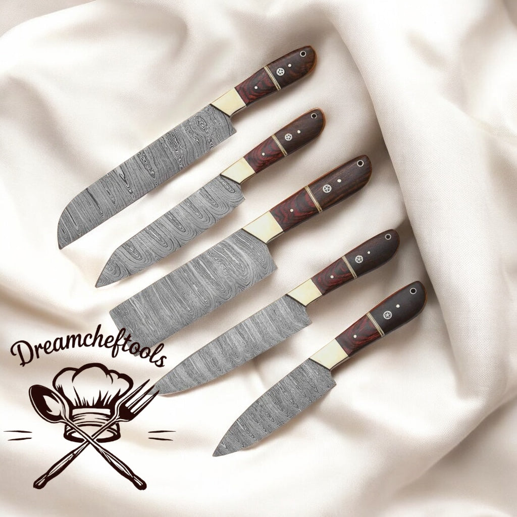 Damascus Steel Knife – 13” Handmade Chef Knife with Pakkawood Handle, Brass Bolster & Leather Sheath