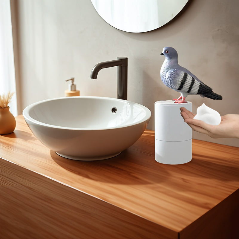 Pigeon-shaped auto sensor foam dispenser. Touchless, fine foam.