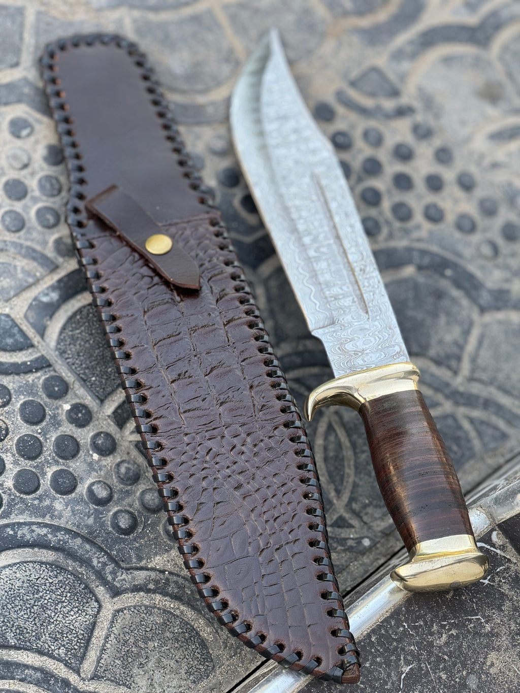 Custom Handmade Damascus Steel Crocodile Dundee Bowie Knife with Brass Guard and Leather Handle - 16”