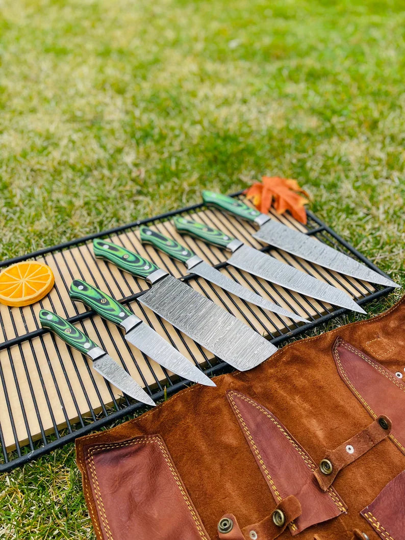 Custom Handmade Damascus Steel 5-Piece Kitchen Knife Set with G10 Handle and Steel Bolster - Includes Leather Roll Kit