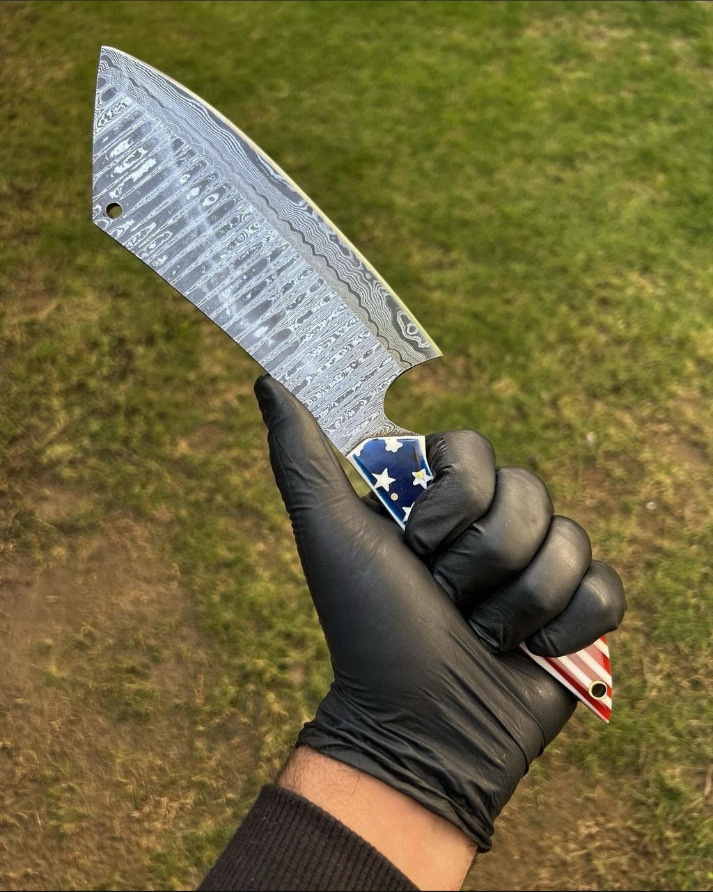 Japanese Damascus Cleaver – Texas Flag Handle with Leather Sheath