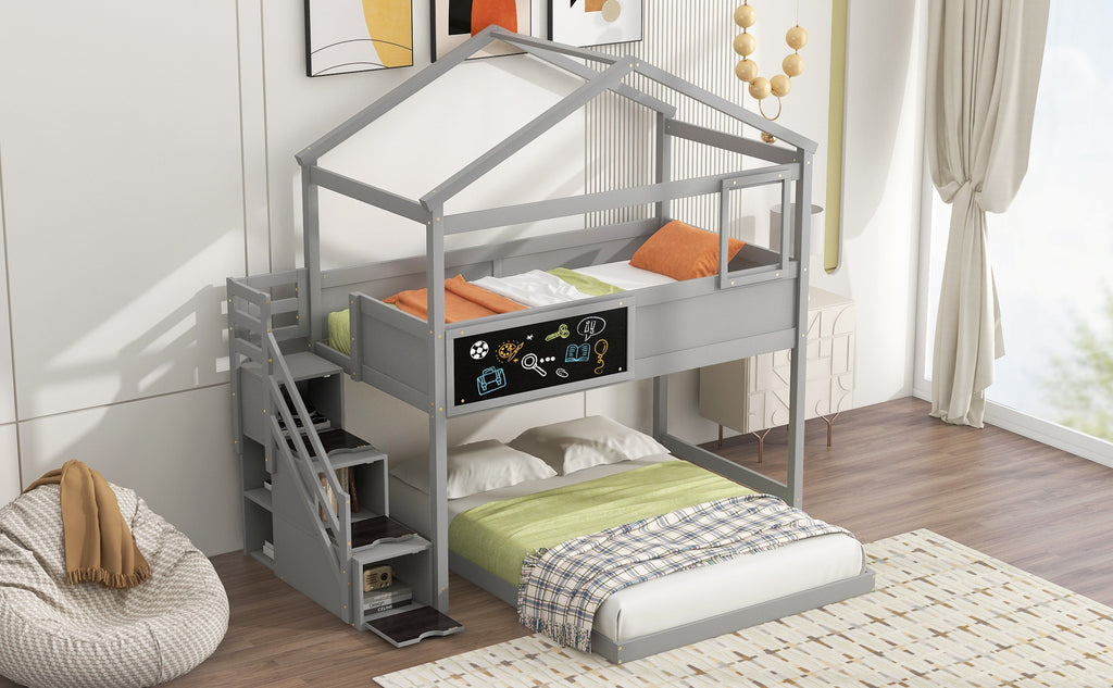 Twin over Full House Bunk Bed with Storage Staircase and Blackboard Gray