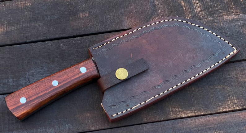Handmade 10" Damascus Steel Cleaver – Rosewood Handle & Leather Sheath