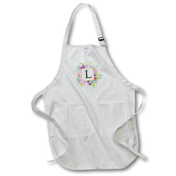 3dRose Floral Letter L watercolor pink flowers monogram personal initial L - Aprons (apr_316362)