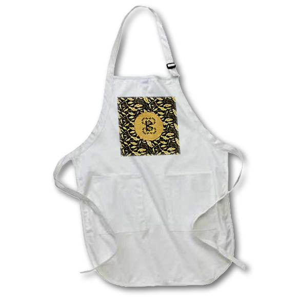 Apron - Image of Arshaka Initial B, Round Frame, Leaf Design, Gold on Black Initial Design