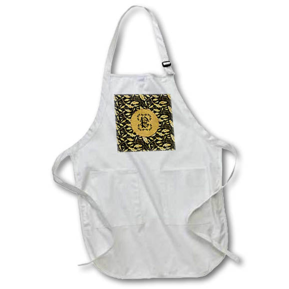 Apron - Image of Arshaka Initial E, Round Frame, Leaf Design, Gold on Black Initial Design