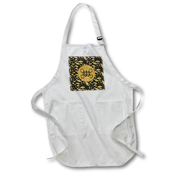 Apron - Image of Arshaka Initial W , Round Frame, Leaf Design, Gold on Black Initial Design