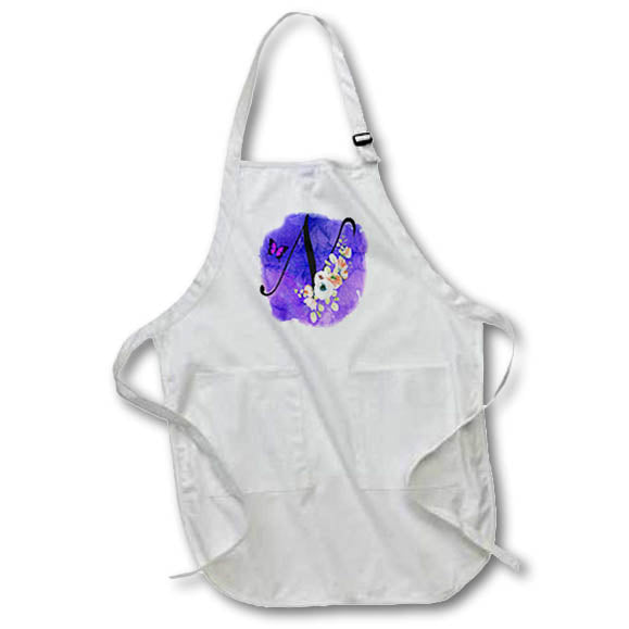 Apron - Monogram Letter N Watercolor Flowers Butterfly Blue Background Monograms