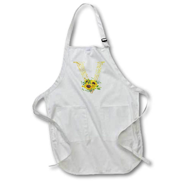 Apron - Pretty Sunflowers Image Of Gold Ornamental Monogram Initial V Monogram