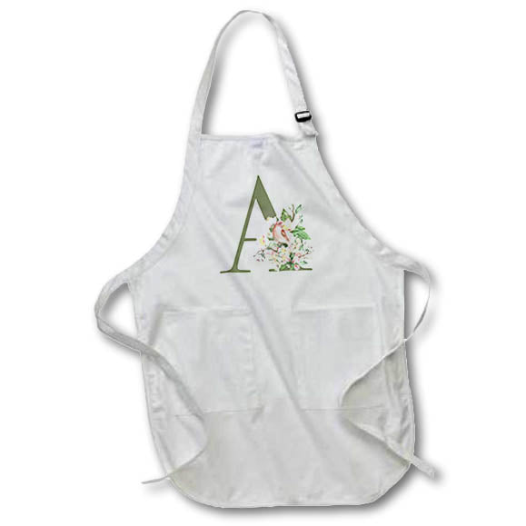 Apron - Green Monogram Initial A Pretty Floral and Bird Monogram