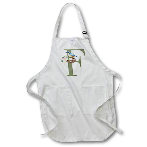 Apron - Green Monogram Initial F Pretty Floral and Bird Monogram