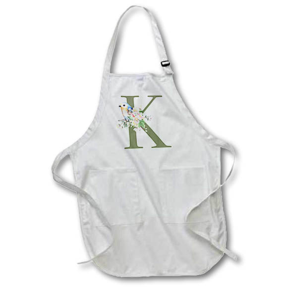 Apron - Green Monogram Initial K Pretty Floral and Bird Monogram