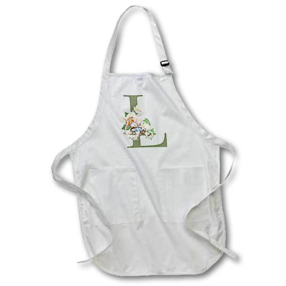 Apron - Green Monogram Initial L Pretty Floral and Bird Monogram